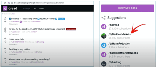 Screenshot of Dread dark web forum