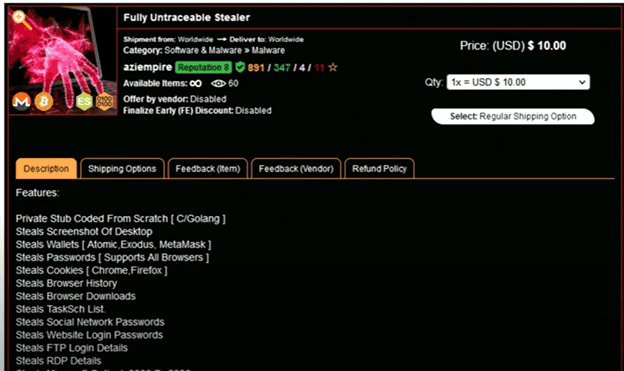 Screenshot of Dark web marketplace listing for information harvester